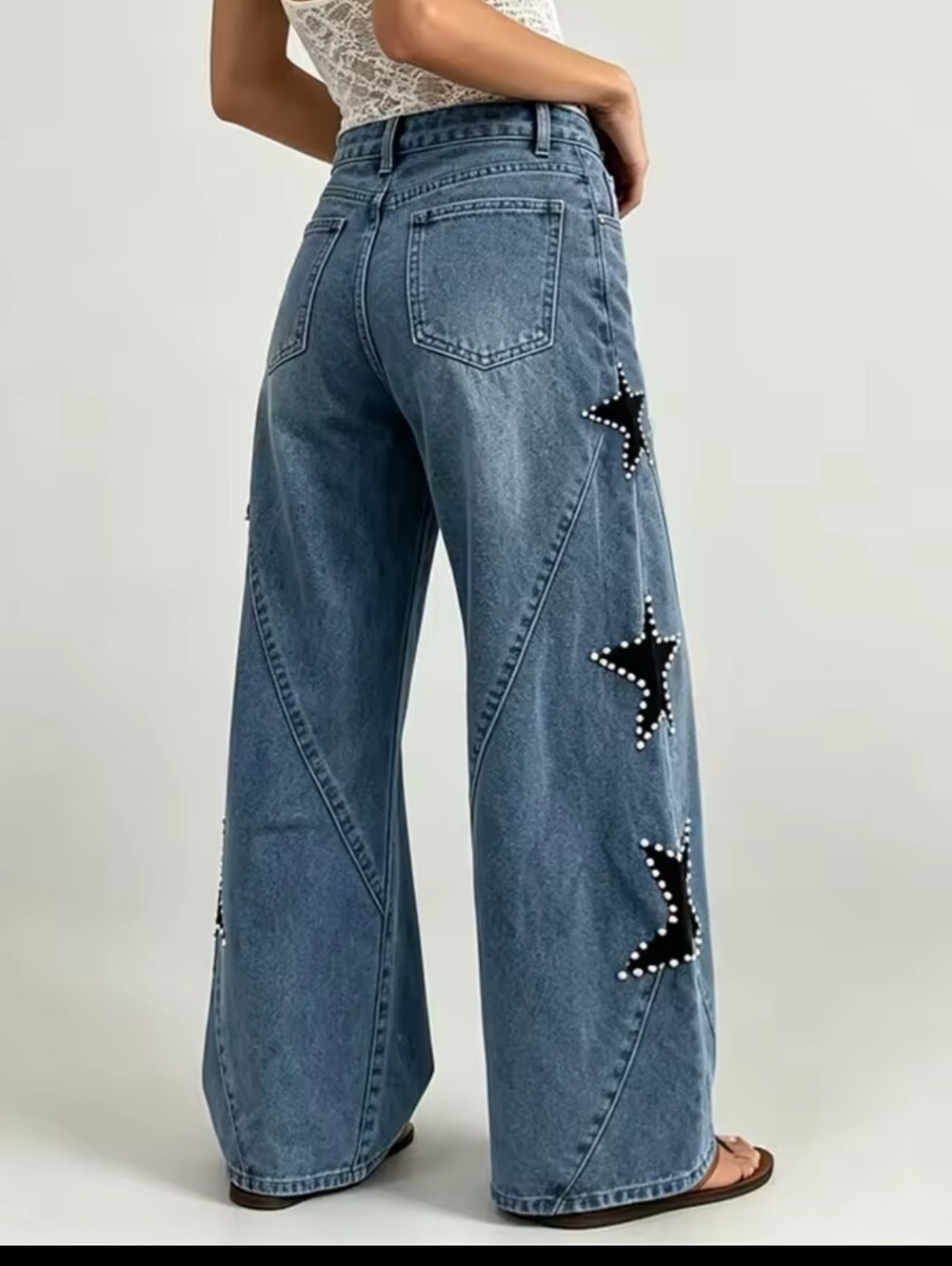 Women Rhinestone Star Patch Jeans Wide Leg Baggy Denim Pants Aesthetic Grunge - Picture 6 of 7